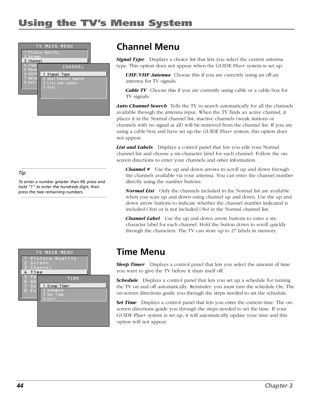 RCA F19422 manual Channel Menu, Time Menu 