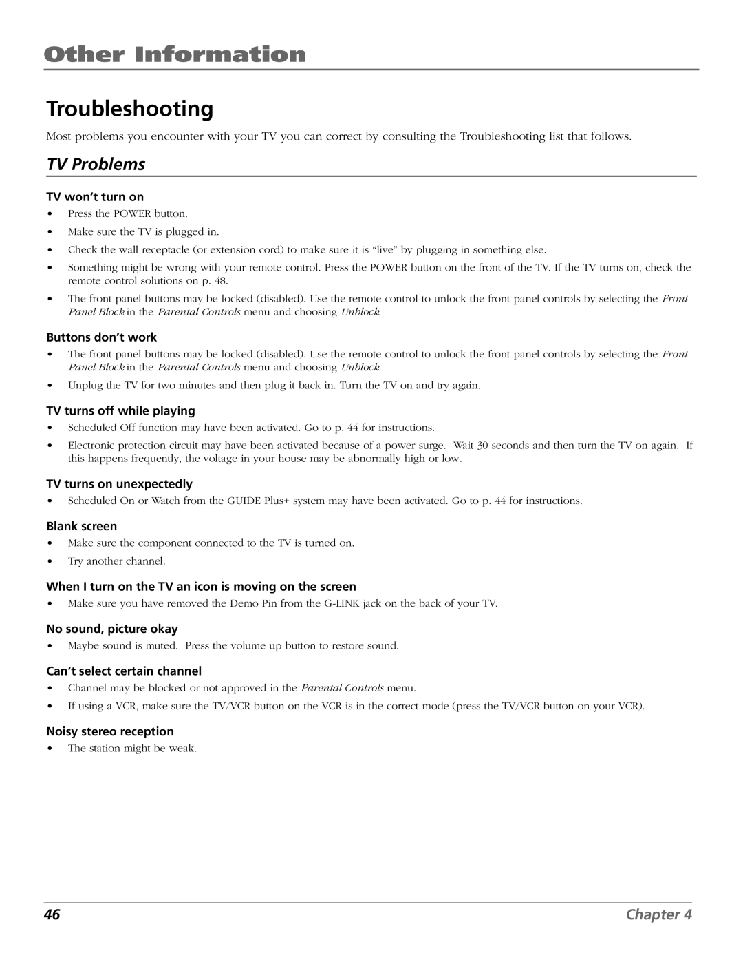 RCA F19422 manual Other Information, Troubleshooting 