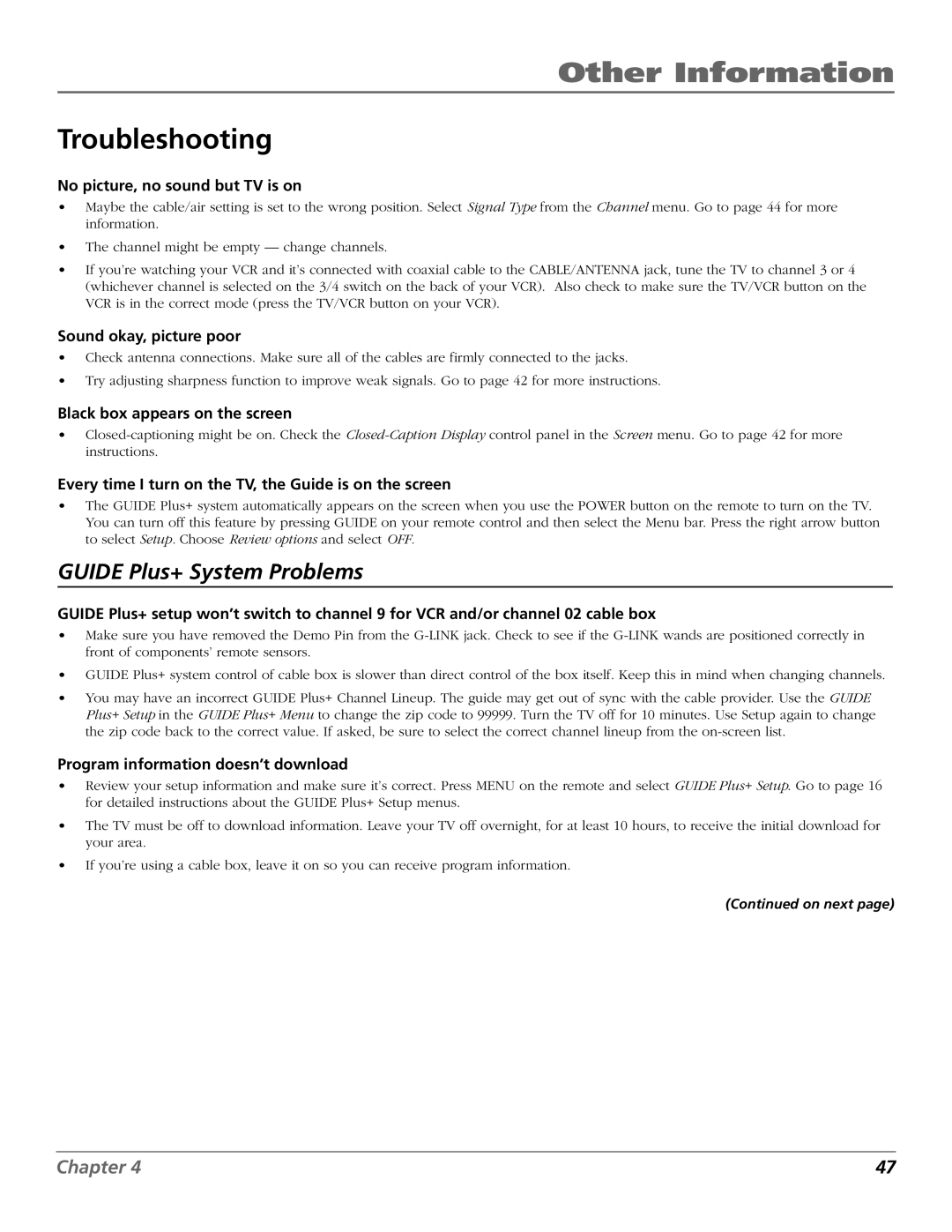 RCA F19422 manual Guide Plus+ System Problems 