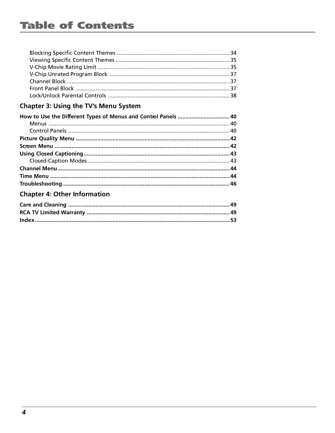 RCA F19422 manual Table of Contents 