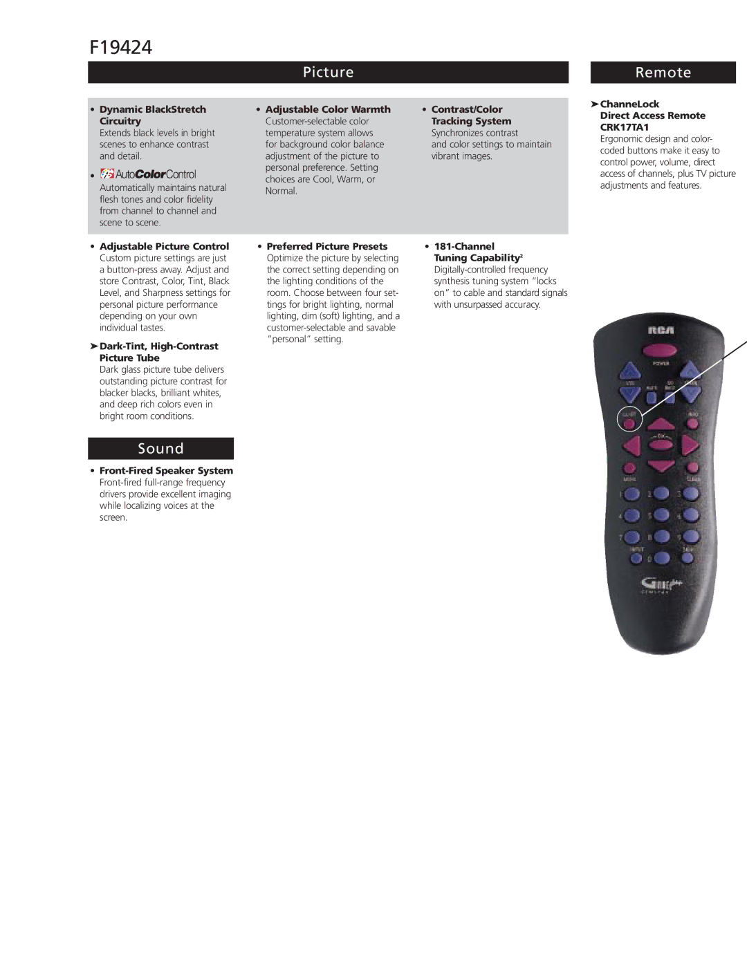 RCA F19424 manual Picture Remote, Sound, Dynamic BlackStretch Circuitry, ChanneLock Direct Access Remote CRK17TA1 