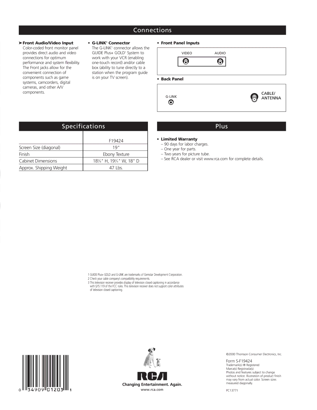 RCA F19424 manual Connections, Specifications, Plus 