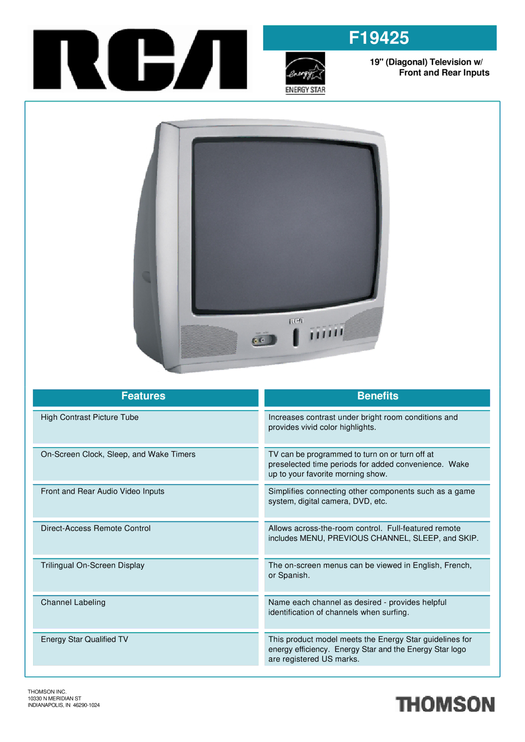 RCA F19425 manual Features, Benefits, Diagonal Television w/ Front and Rear Inputs 