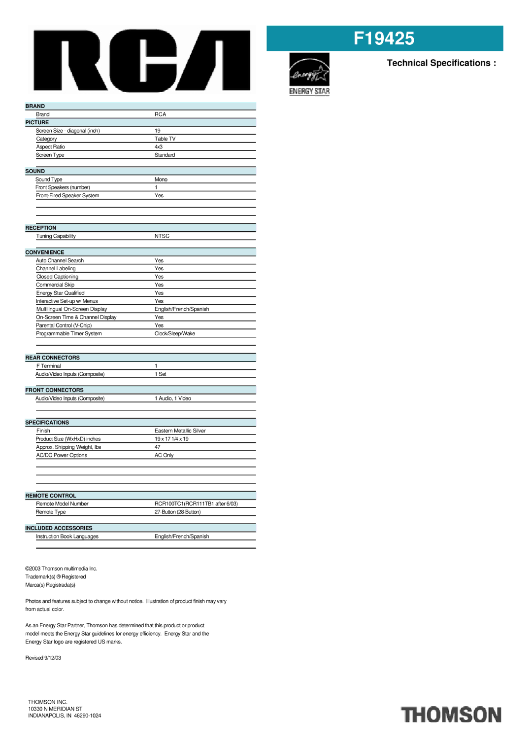 RCA F19425 manual Technical Specifications 