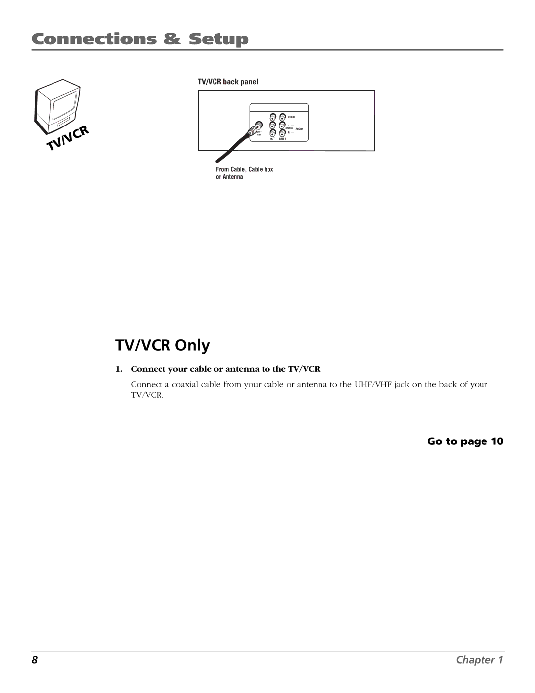 RCA F19425 manual TV/VCR Only, Connect your cable or antenna to the TV/VCR 