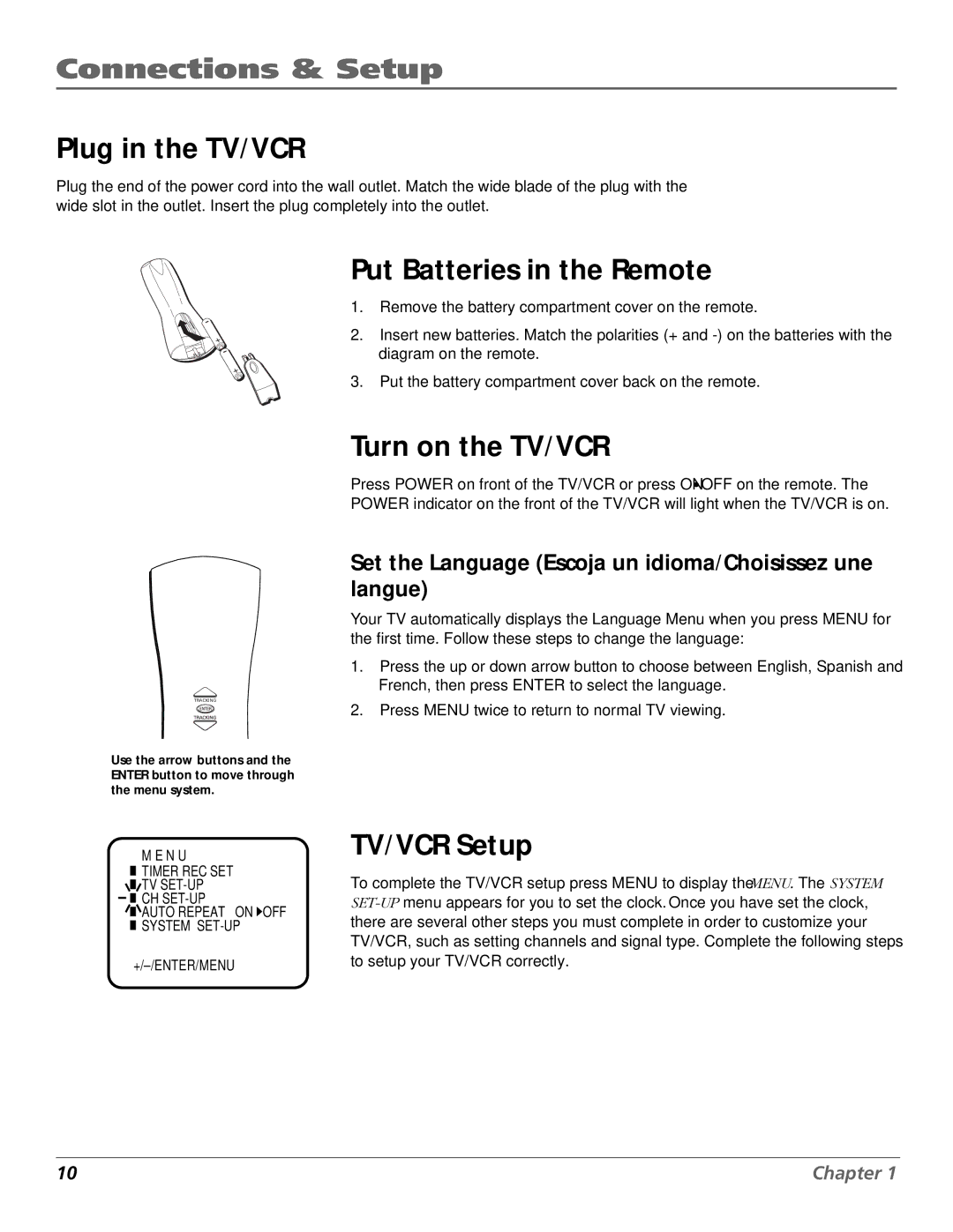 RCA F19425 manual Plug in the TV/VCR, Put Batteries in the Remote, Turn on the TV/VCR, TV/VCR Setup 