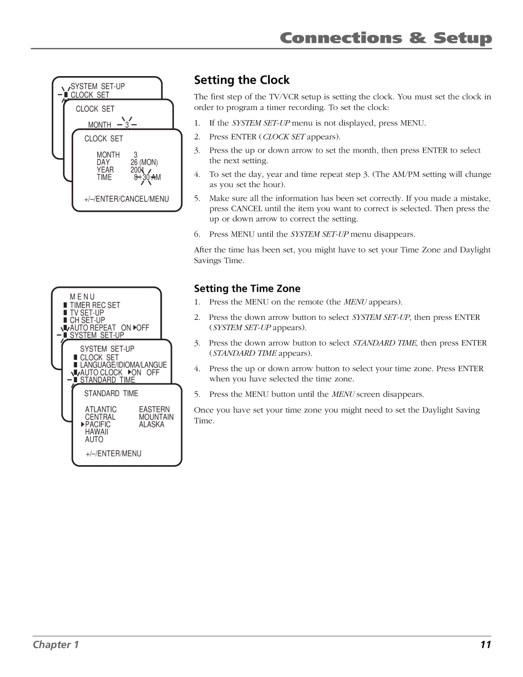 RCA F19425 manual Setting the Clock, Setting the Time Zone 