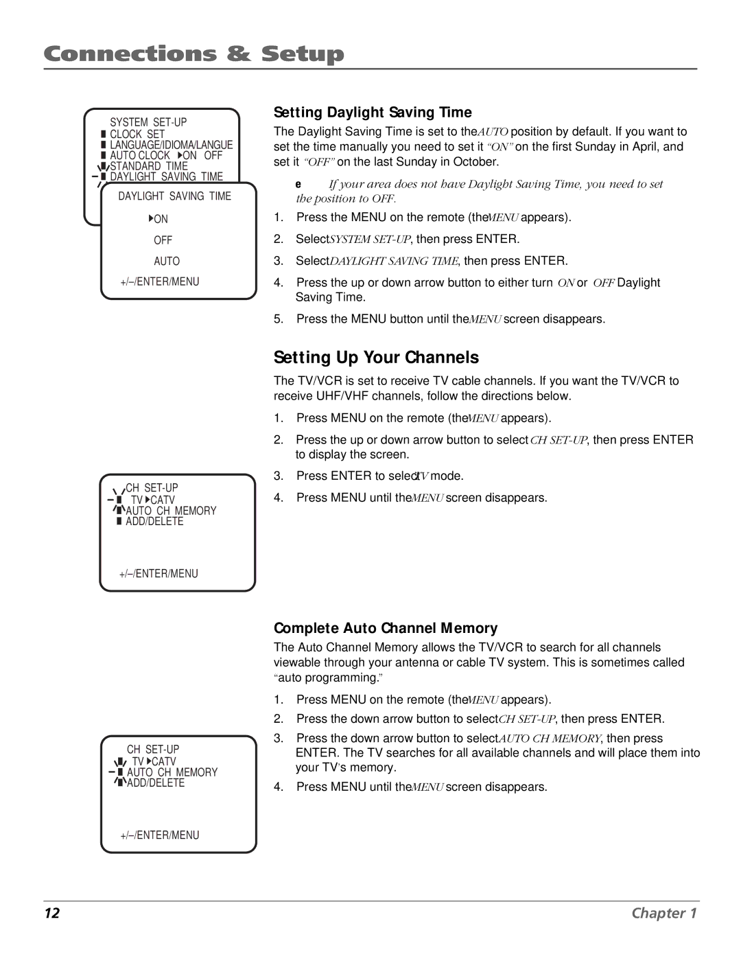 RCA F19425 manual Setting Up Your Channels, Setting Daylight Saving Time, Complete Auto Channel Memory 