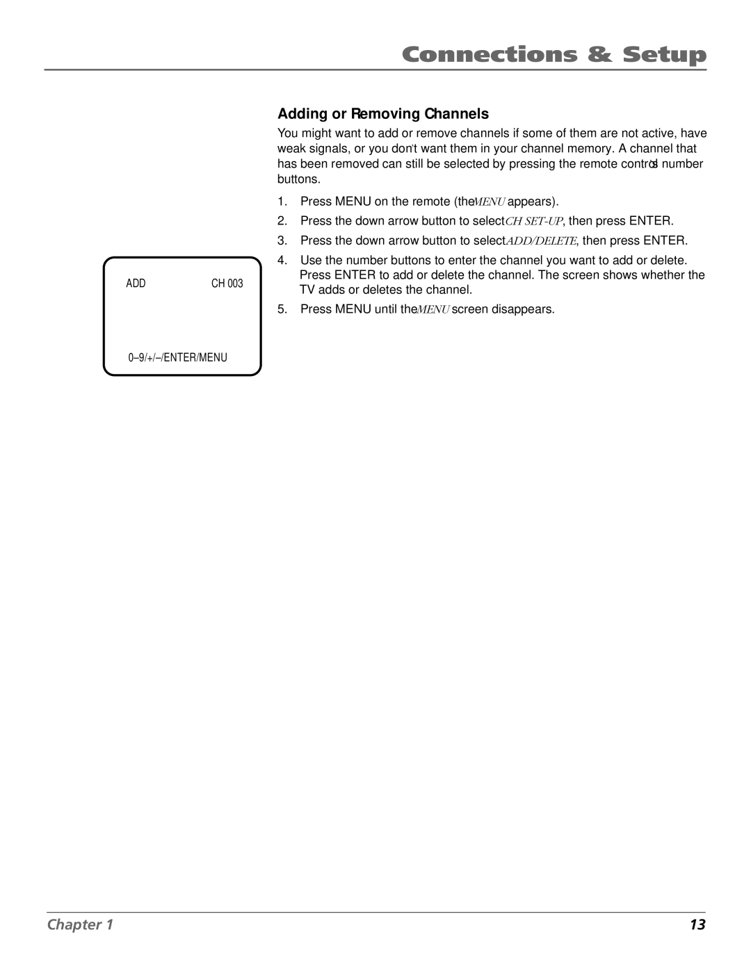 RCA F19425 manual Adding or Removing Channels 