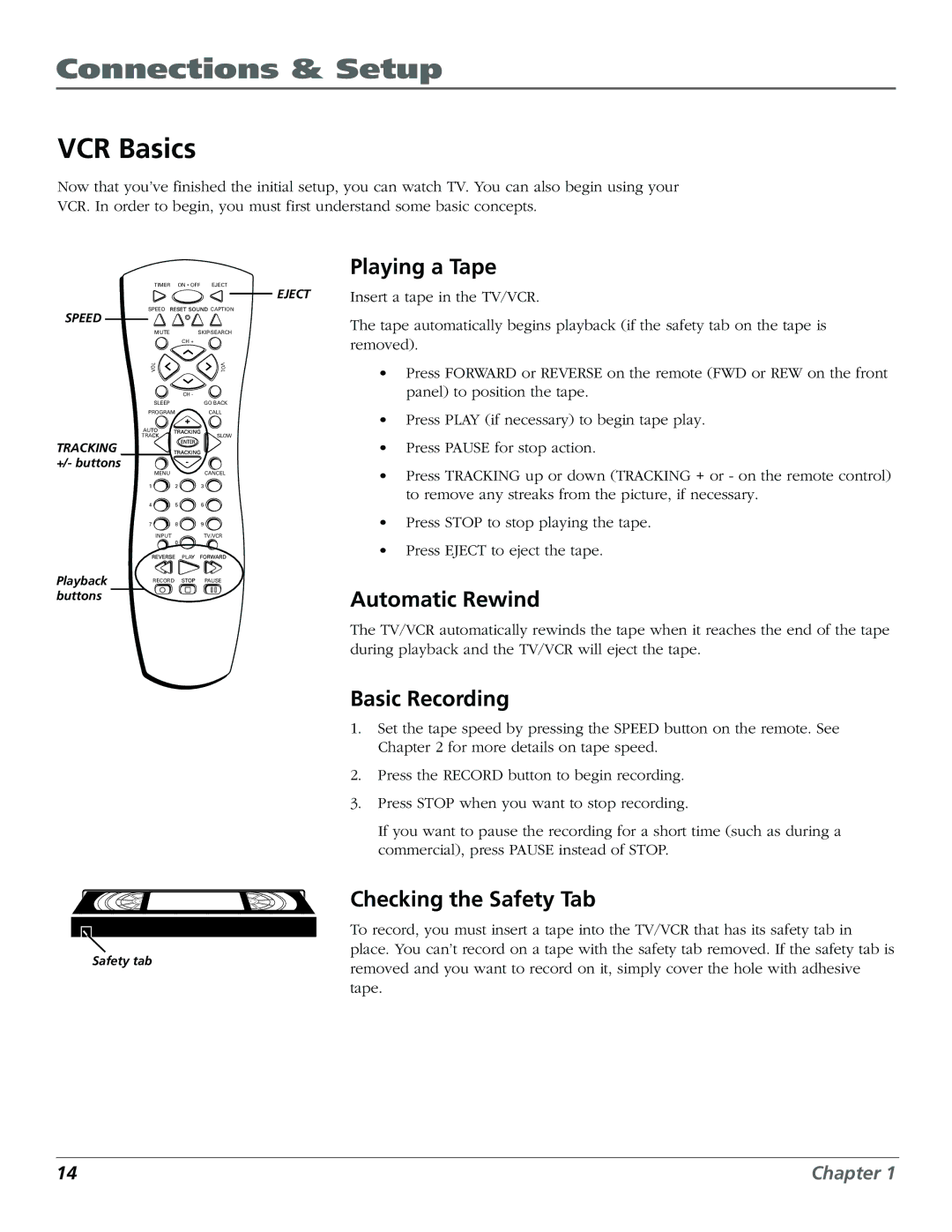 RCA F19425 manual VCR Basics, Playing a Tape, Automatic Rewind, Basic Recording, Checking the Safety Tab 