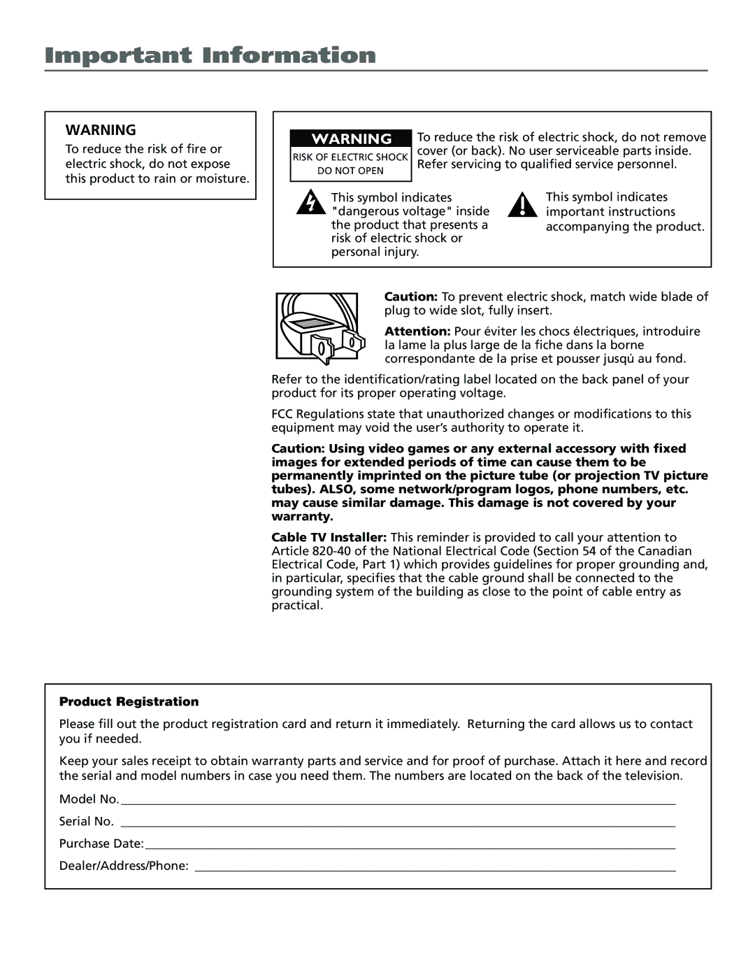 RCA F19425 manual Important Information, Product Registration 