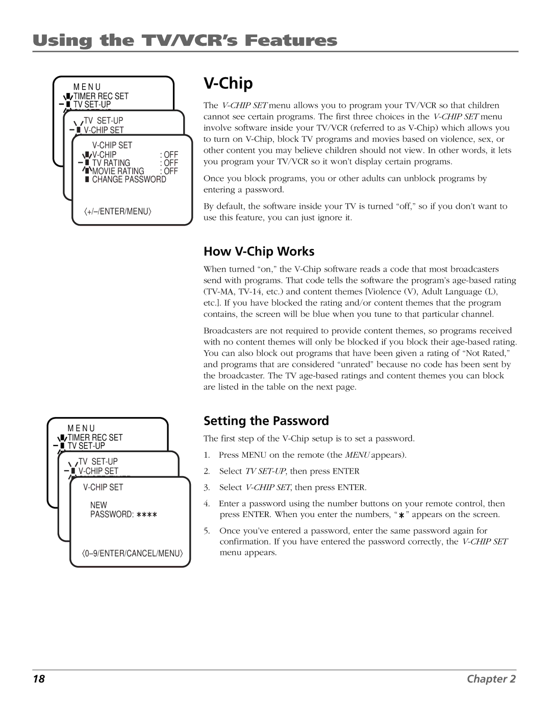 RCA F19425 manual Using the TV/VCR’s Features, How V-Chip Works, Setting the Password 