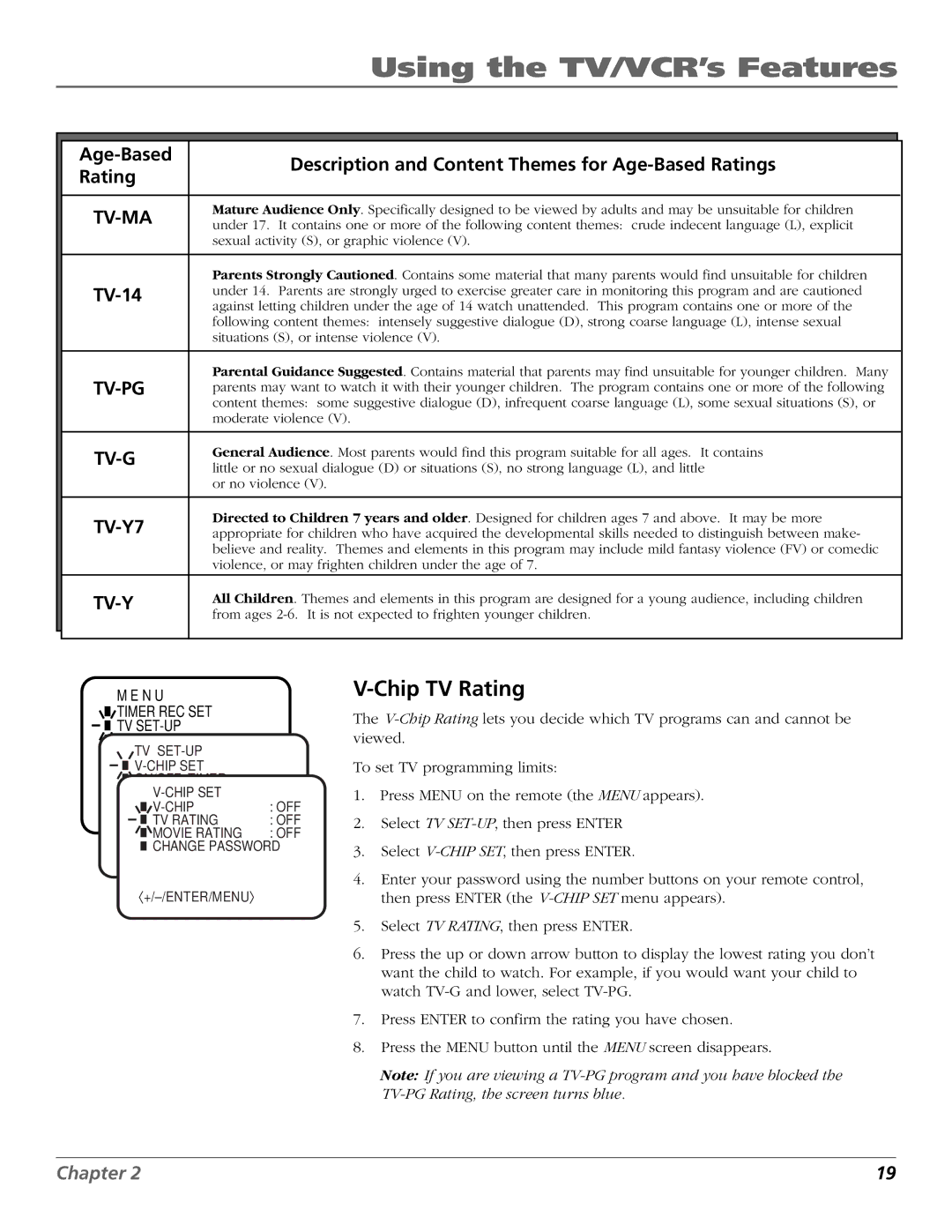 RCA F19425 manual Chip TV Rating, TV-14 