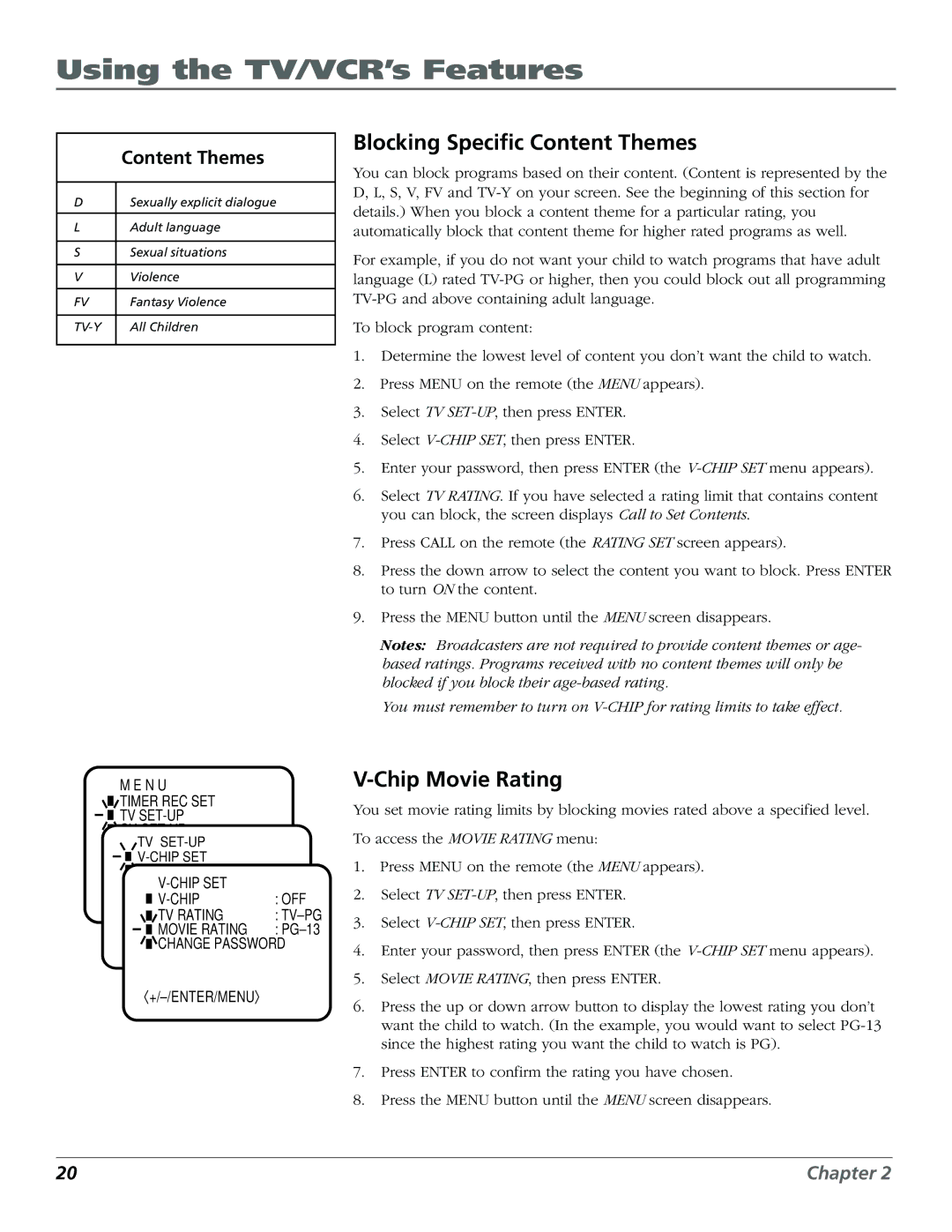 RCA F19425 manual Blocking Specific Content Themes, Chip Movie Rating 