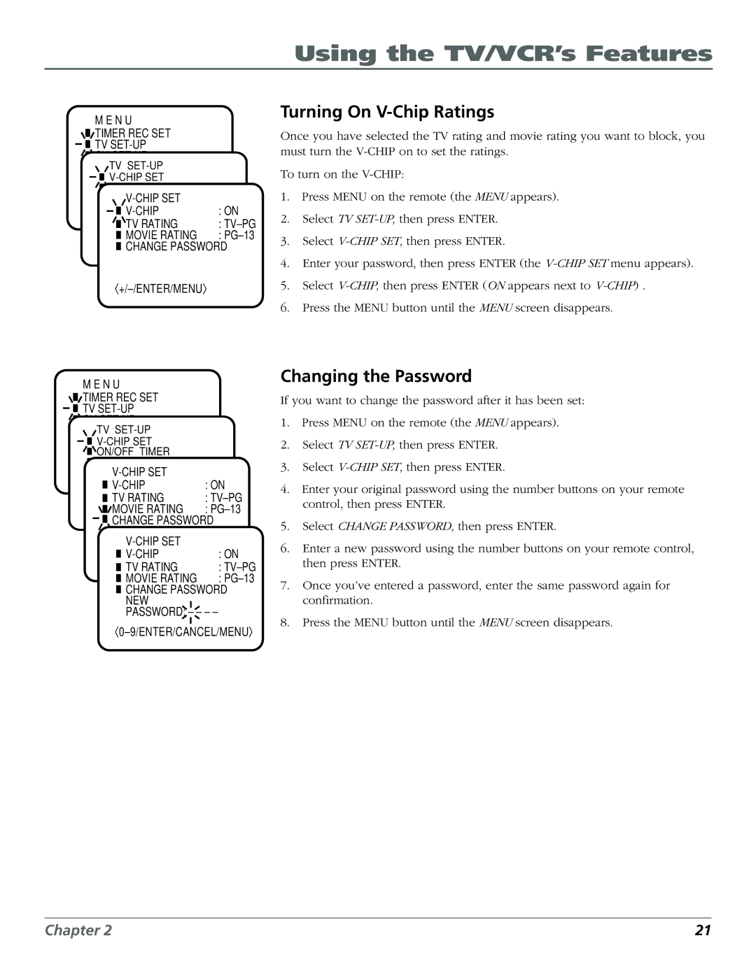 RCA F19425 manual Turning On V-Chip Ratings, Changing the Password 