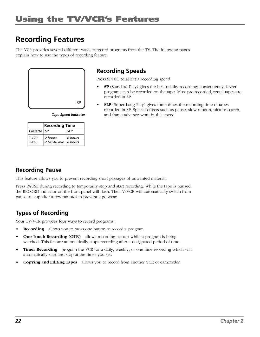 RCA F19425 manual Recording Features, Recording Speeds, Recording Pause, Types of Recording 