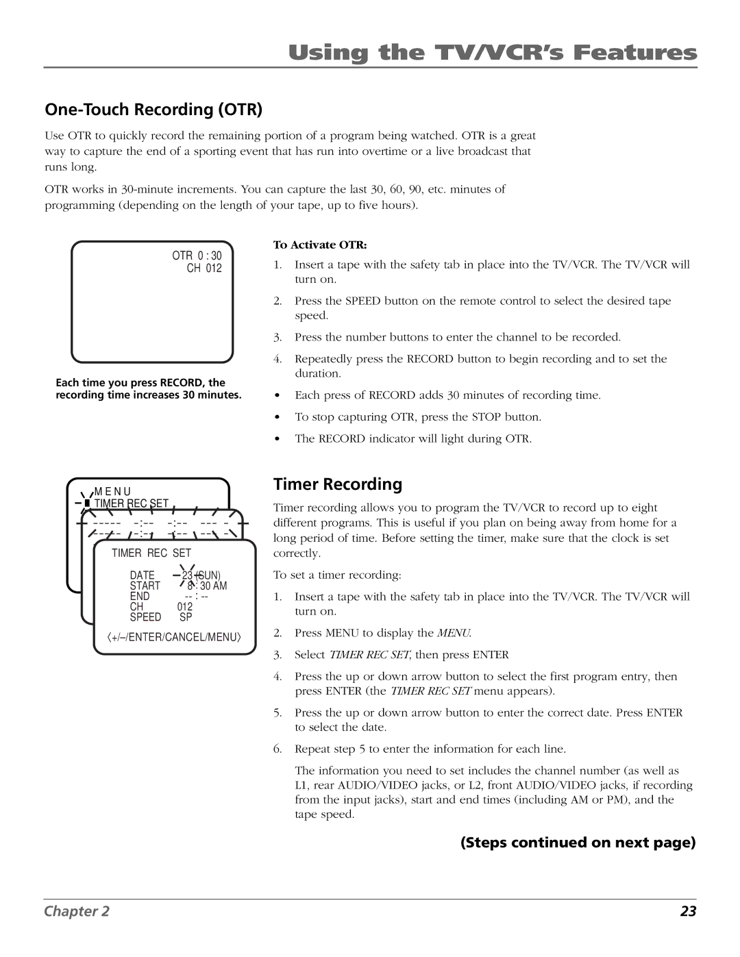 RCA F19425 manual One-Touch Recording OTR, Timer Recording, Steps on next, To Activate OTR 