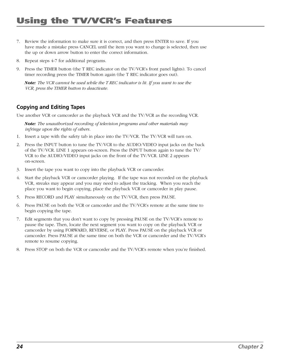 RCA F19425 manual Copying and Editing Tapes 