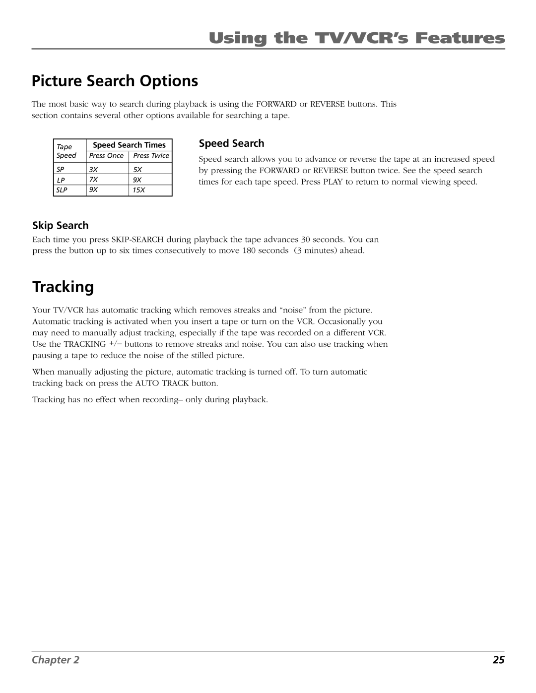 RCA F19425 manual Picture Search Options, Tracking, Speed Search, Skip Search 