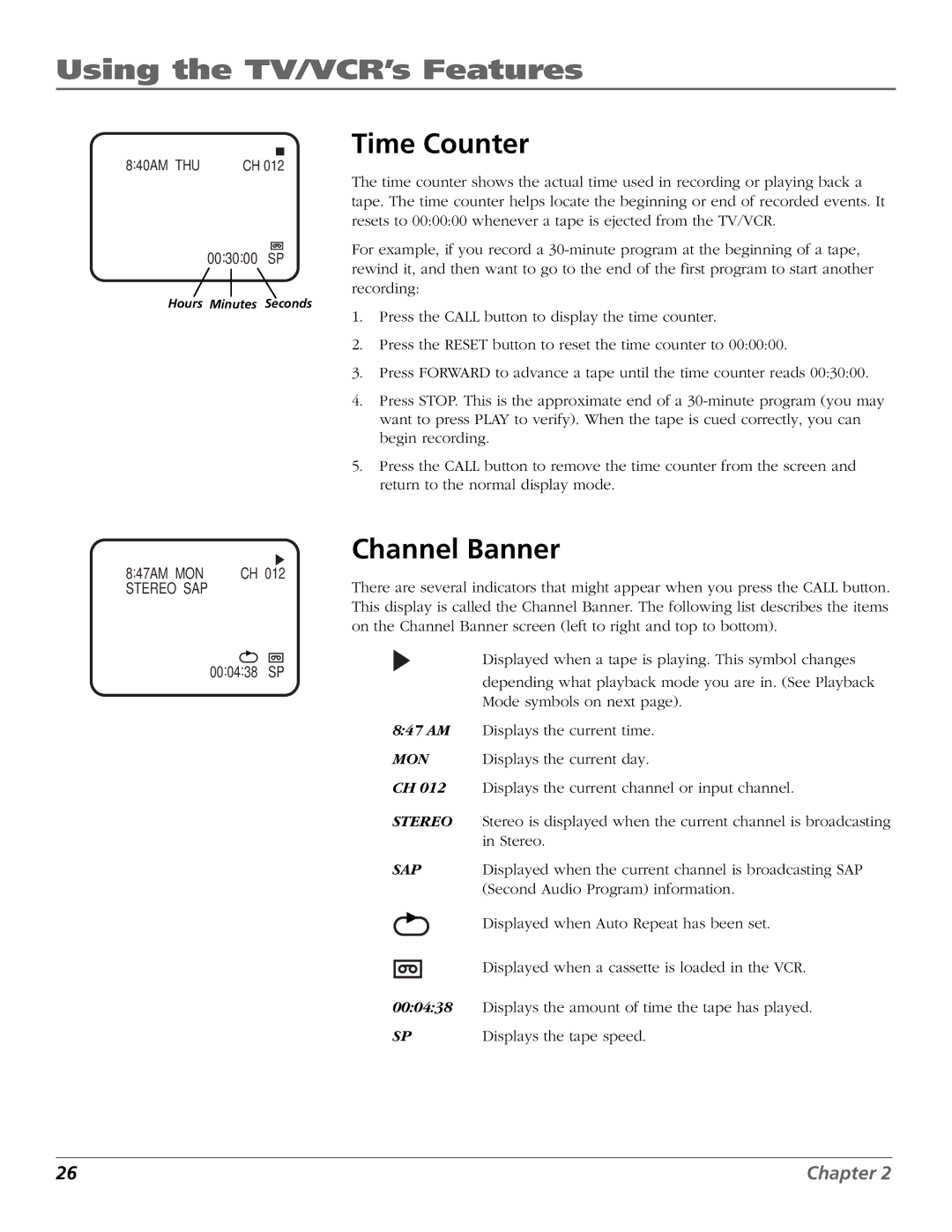 RCA F19425 manual Time Counter, Channel Banner 