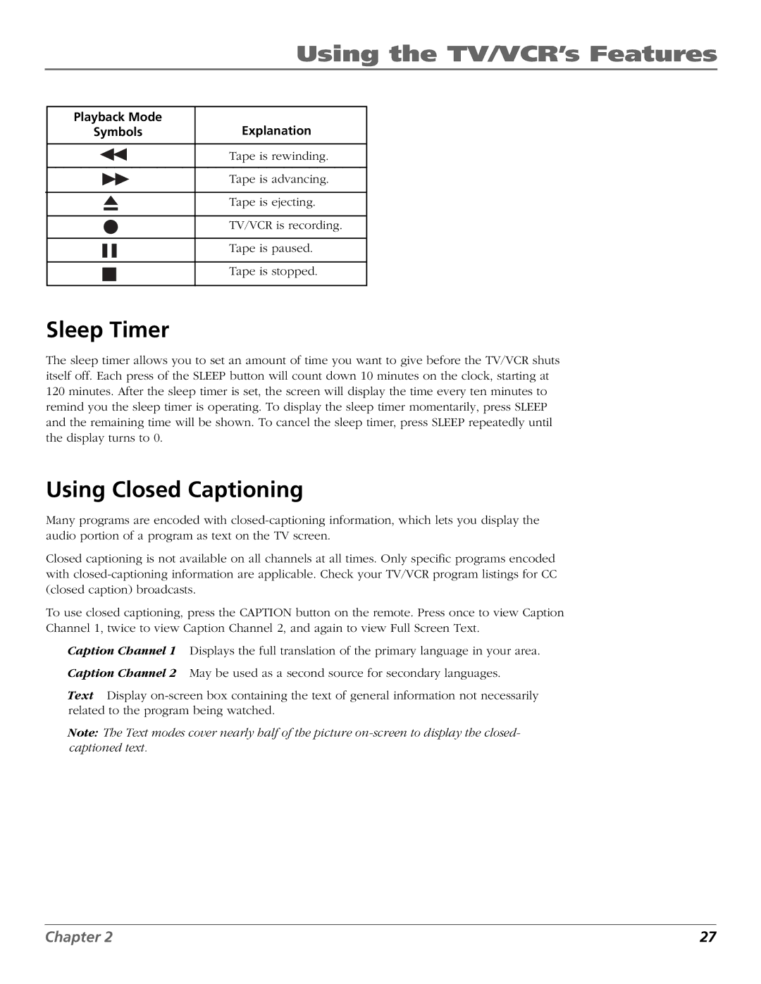 RCA F19425 manual Sleep Timer, Using Closed Captioning 