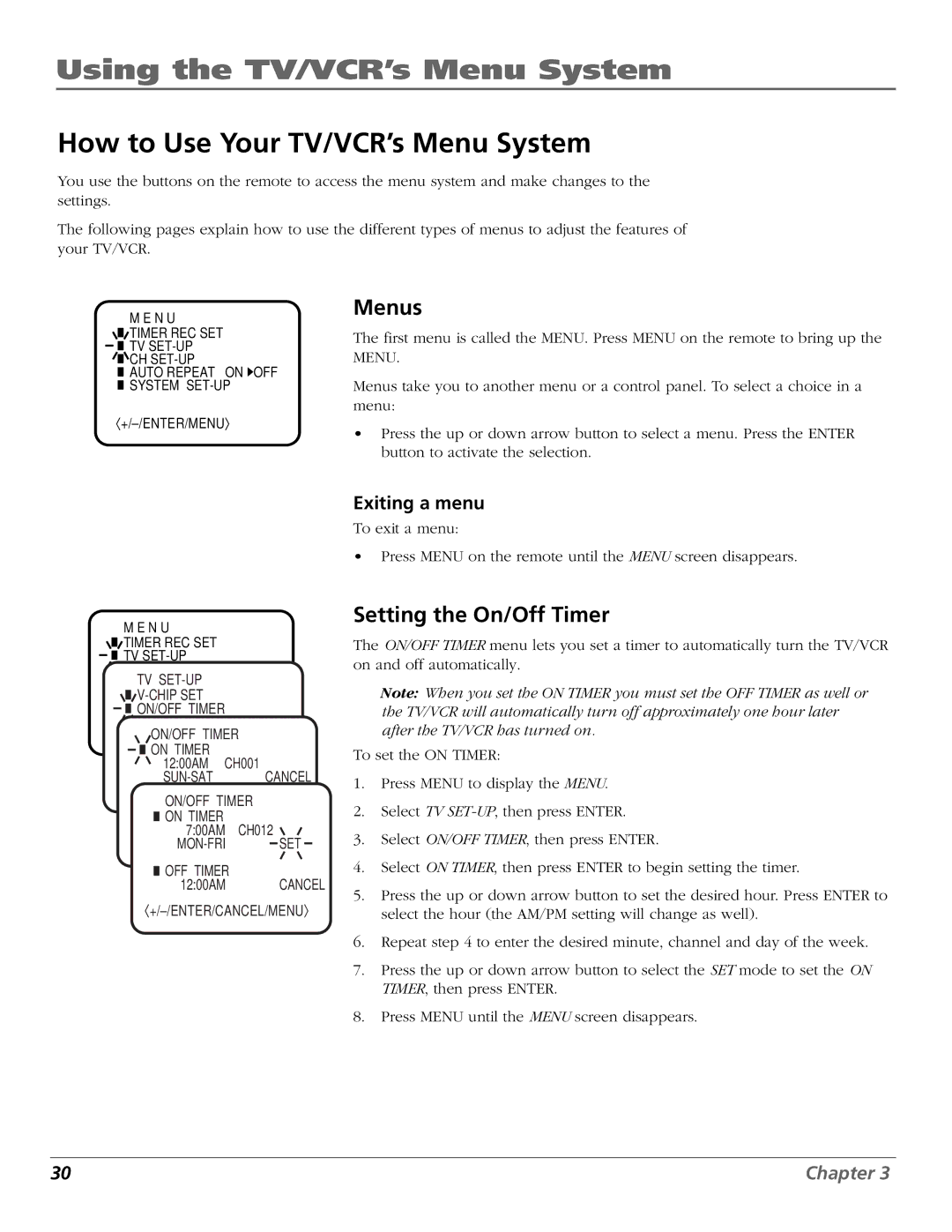 RCA F19425 manual Using the TV/VCR’s Menu System, How to Use Your TV/VCR’s Menu System, Menus, Exiting a menu 