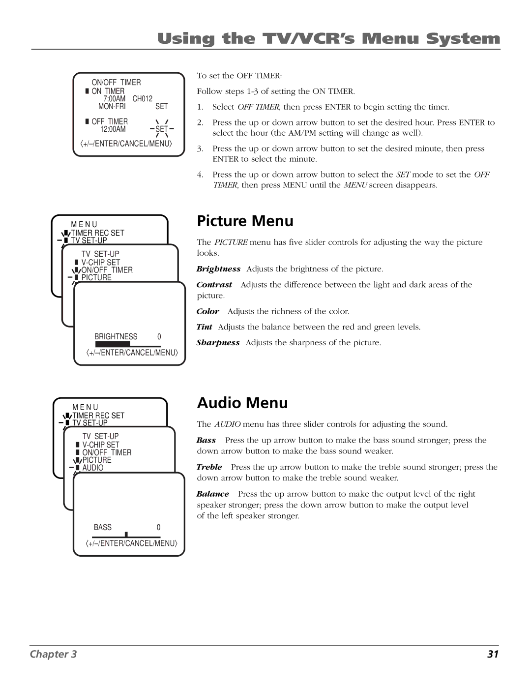 RCA F19425 manual Picture Menu, Audio Menu 