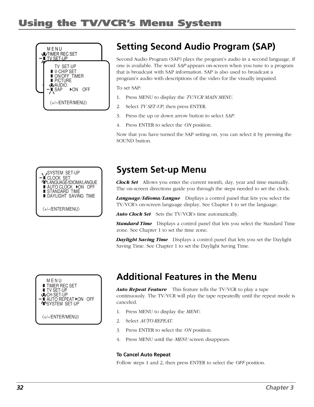 RCA F19425 manual Setting Second Audio Program SAP, System Set-up Menu, Additional Features in the Menu 