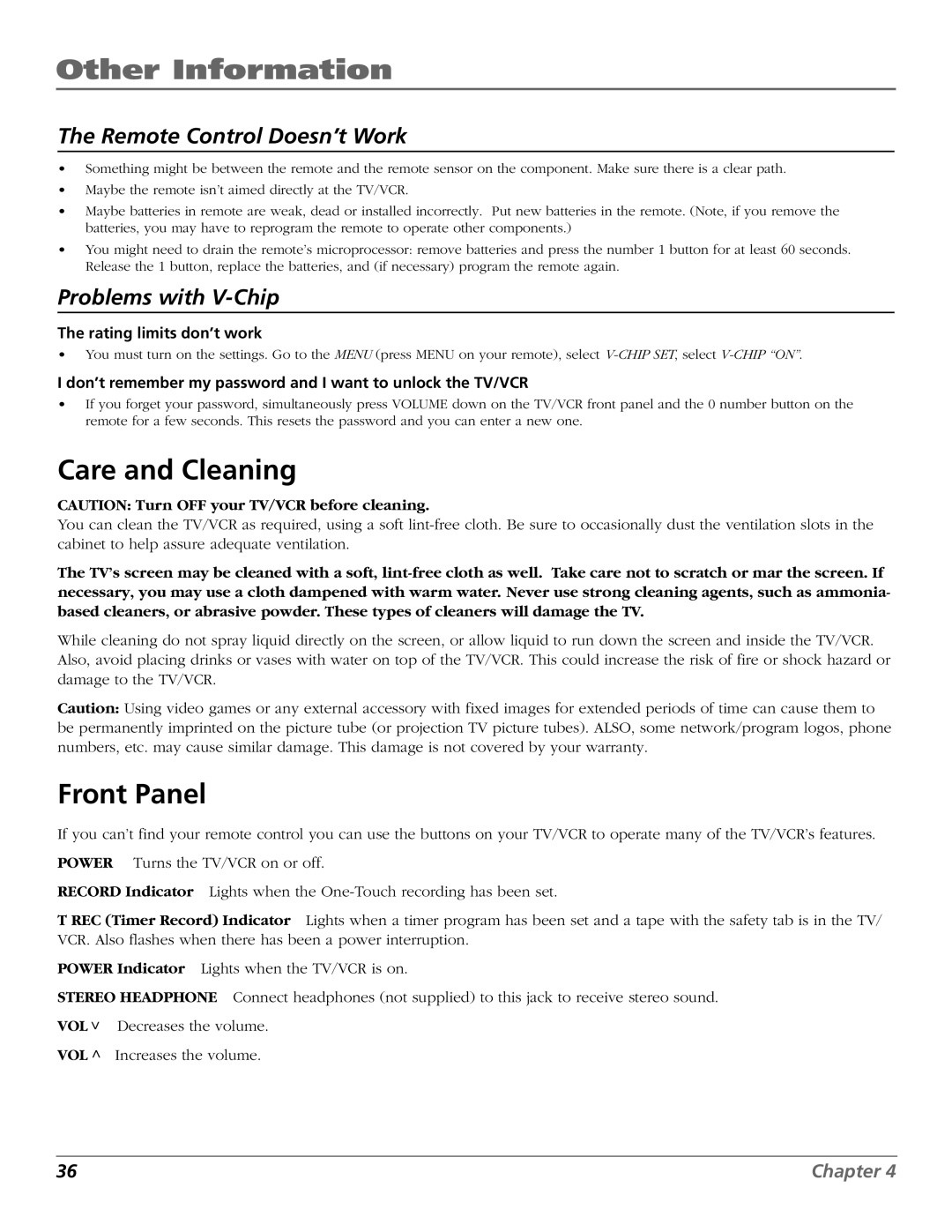 RCA F19425 manual Care and Cleaning, Front Panel 