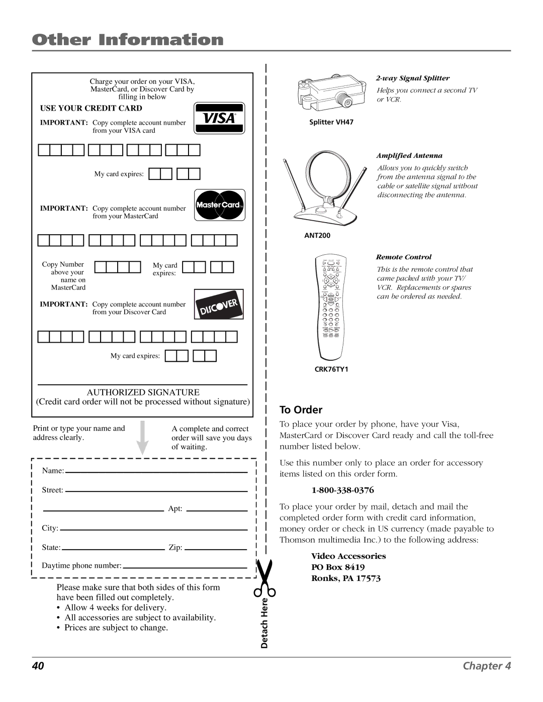 RCA F19425 manual To Order, Video Accessories PO Box Ronks, PA 