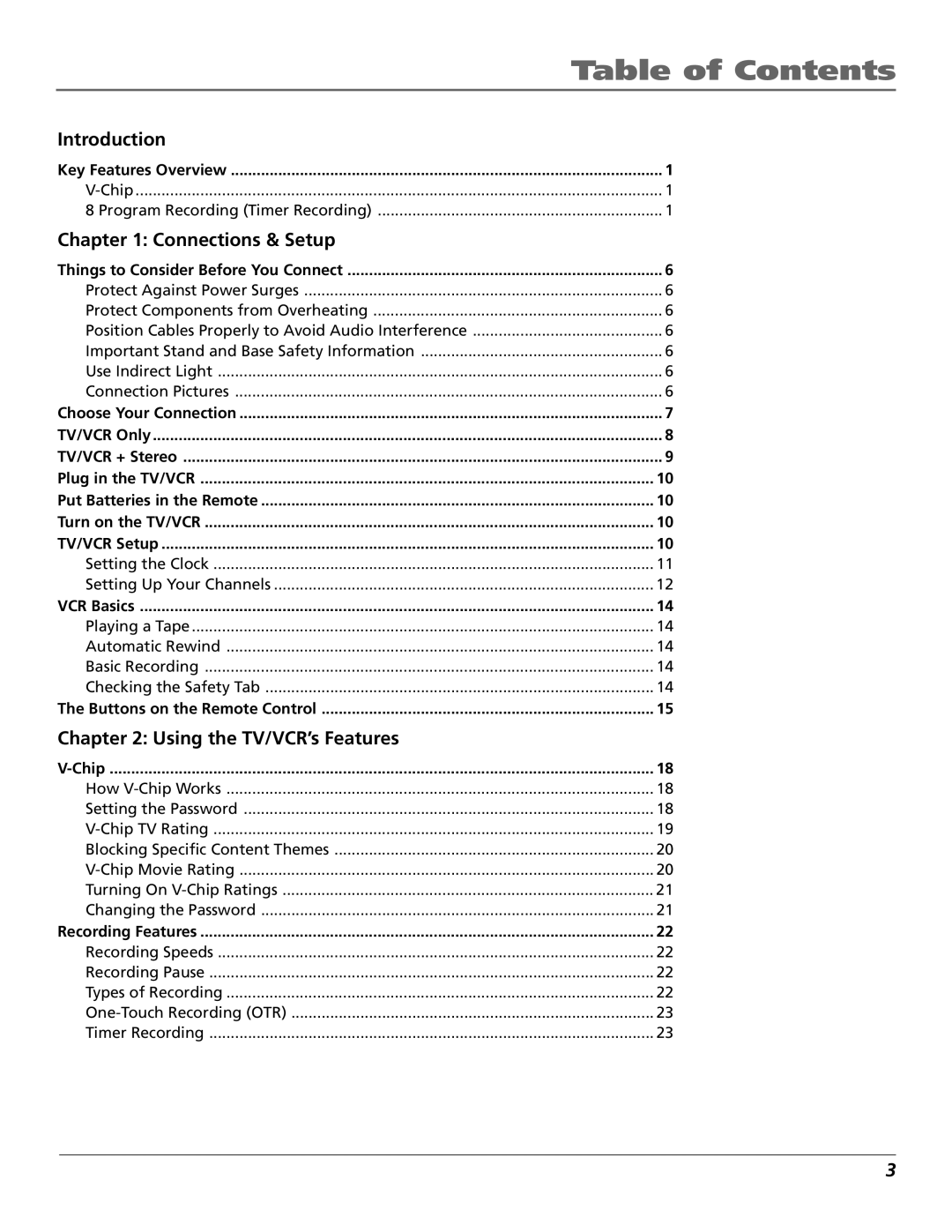 RCA F19425 manual Table of Contents 