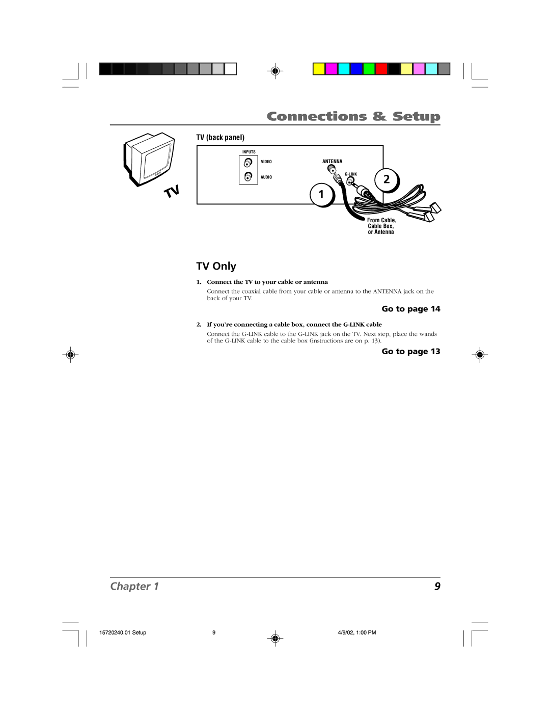 RCA F19426 manual TV Only, Connect the TV to your cable or antenna 