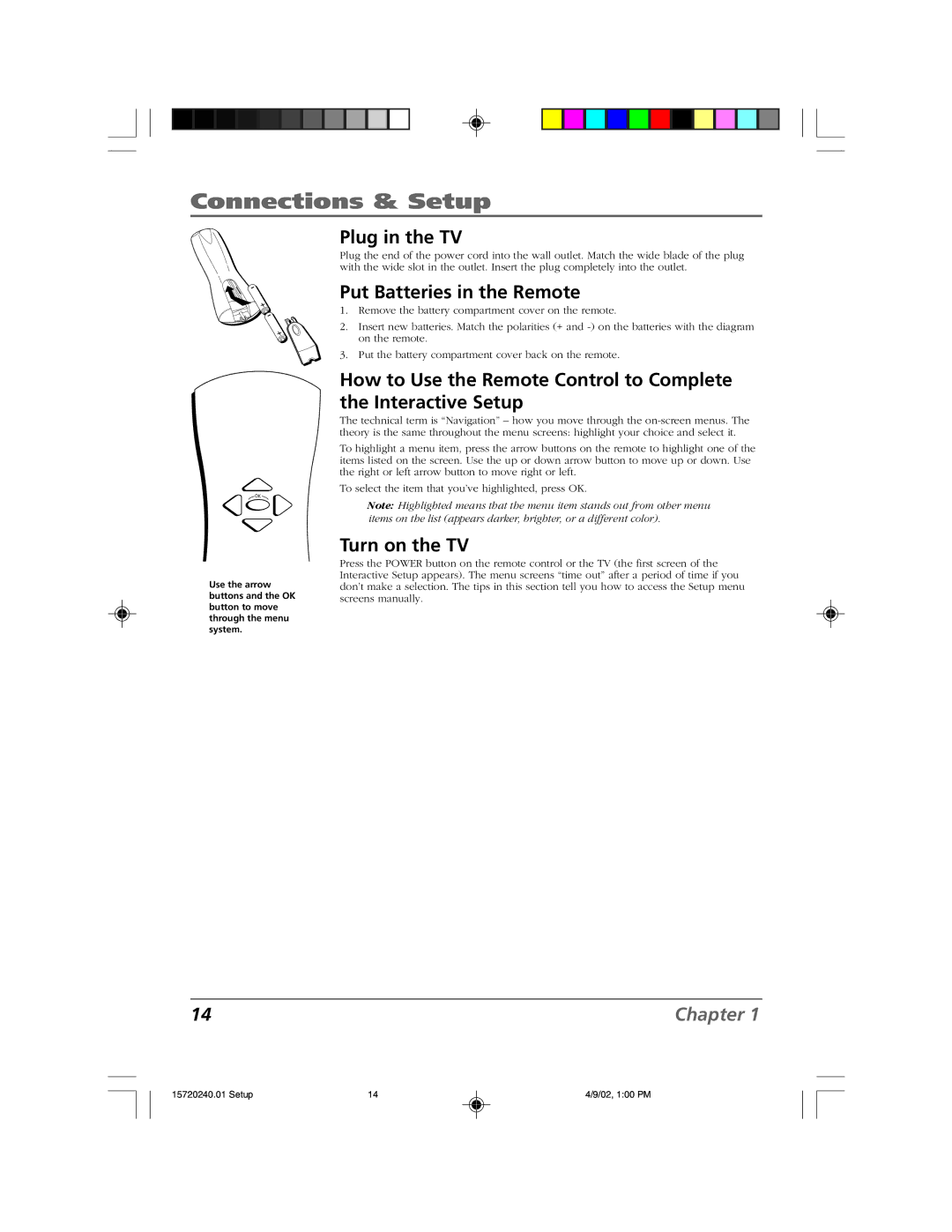 RCA F19426 manual Plug in the TV, Put Batteries in the Remote, Turn on the TV 