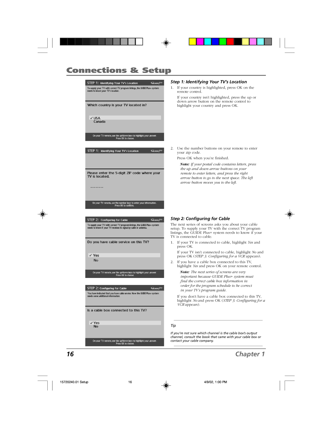 RCA F19426 manual Identifying Your TV’s Location, Configuring for Cable 