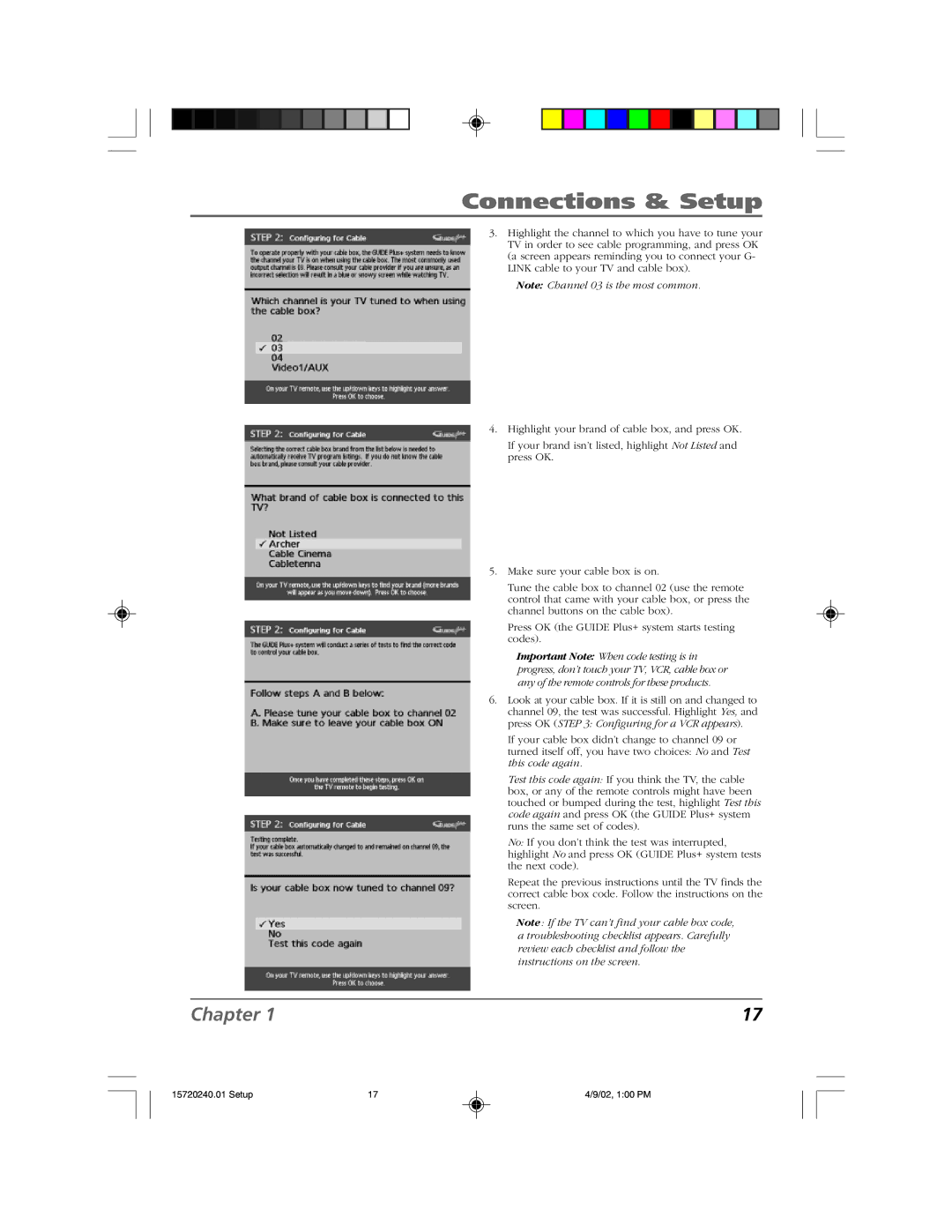 RCA F19426 manual Important Note When code testing is 