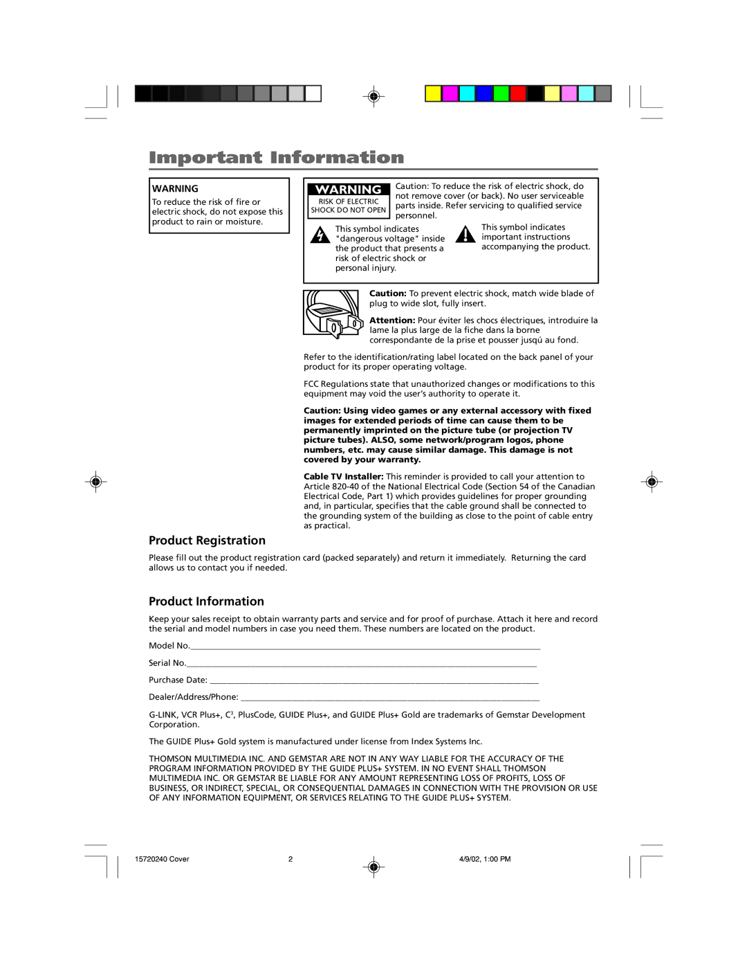 RCA F19426 manual Product Registration, Product Information 