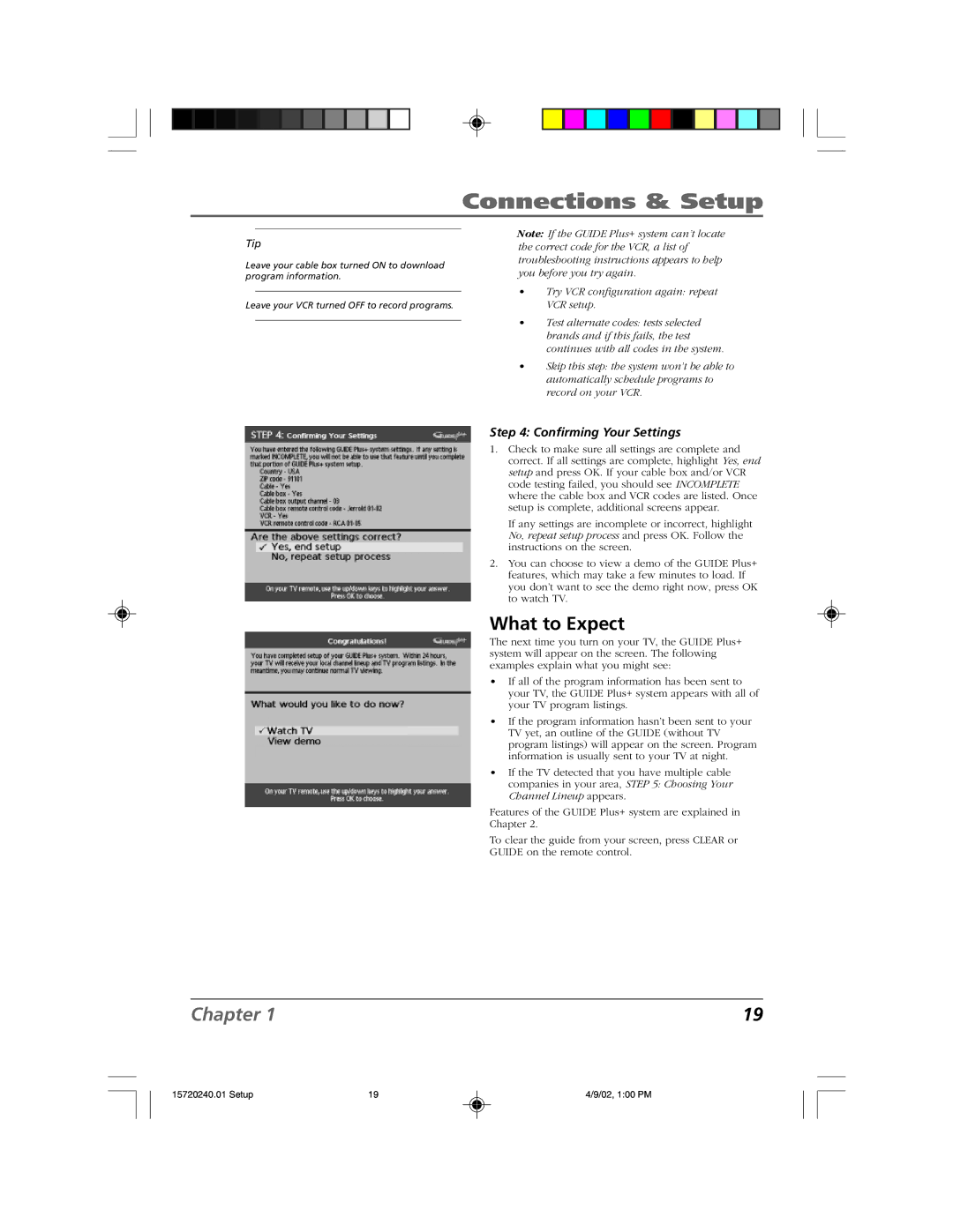 RCA F19426 manual What to Expect, Confirming Your Settings 