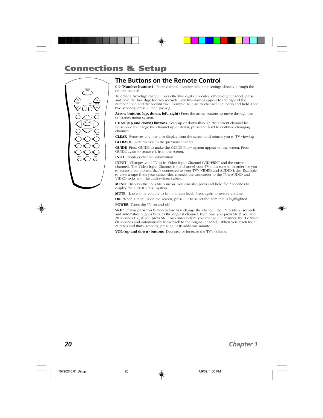 RCA F19426 manual Buttons on the Remote Control 