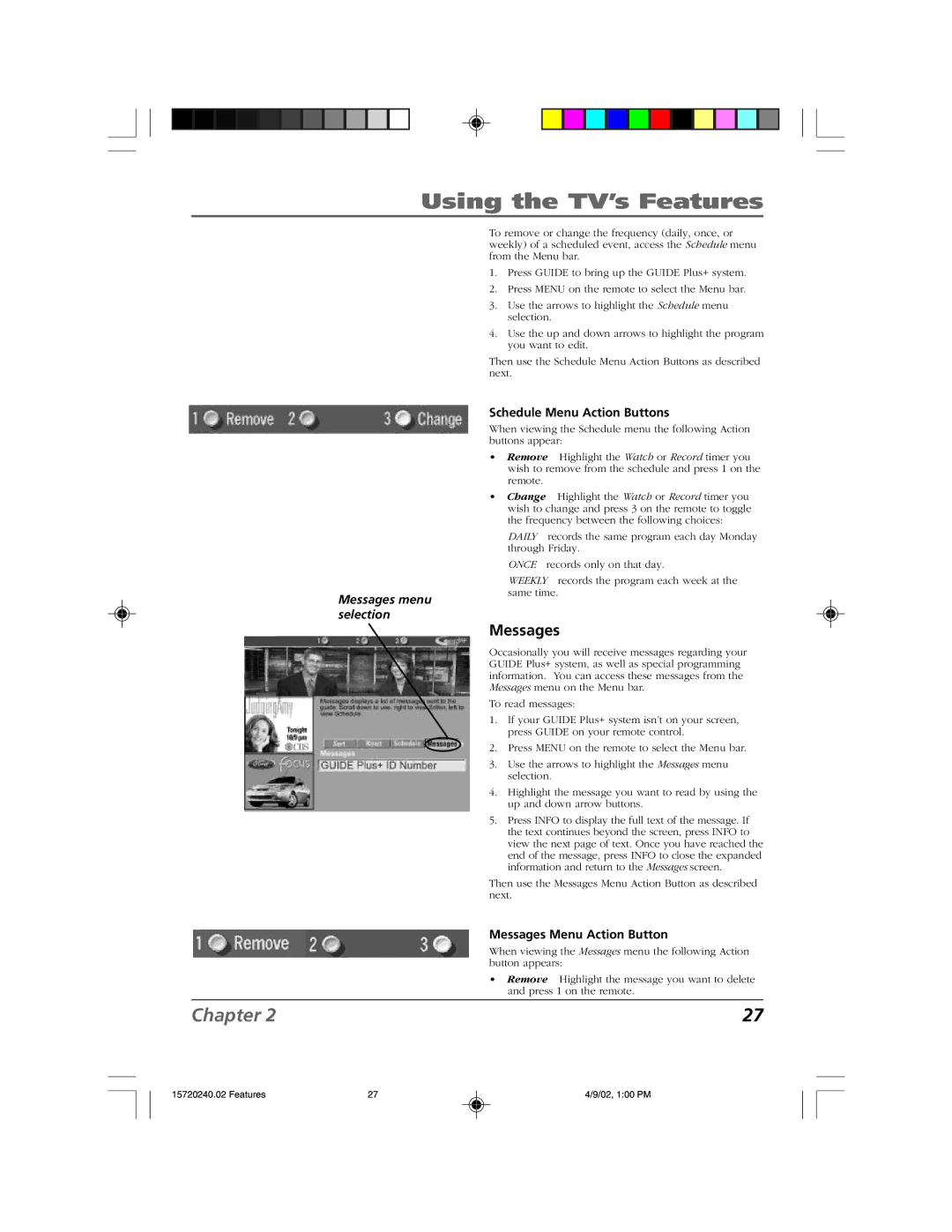 RCA F19426 manual Messages menu selection, Schedule Menu Action Buttons, Messages Menu Action Button 