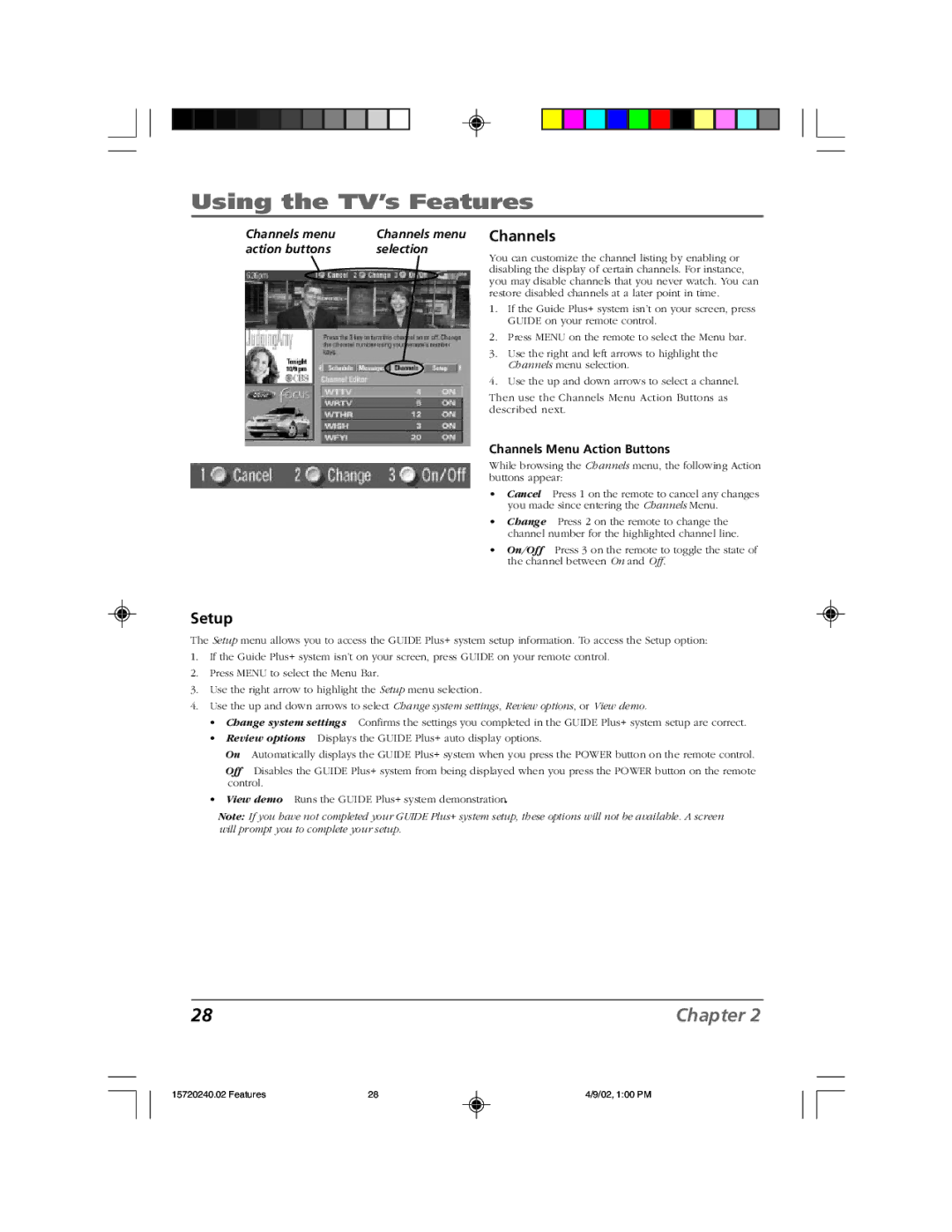 RCA F19426 manual Setup, Channels menu, Action buttons Selection, Channels Menu Action Buttons 