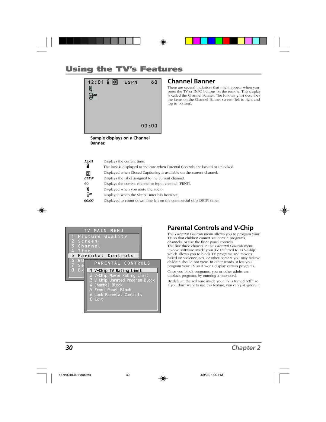 RCA F19426 manual Parental Controls and V-Chip, Sample displays on a Channel Banner 