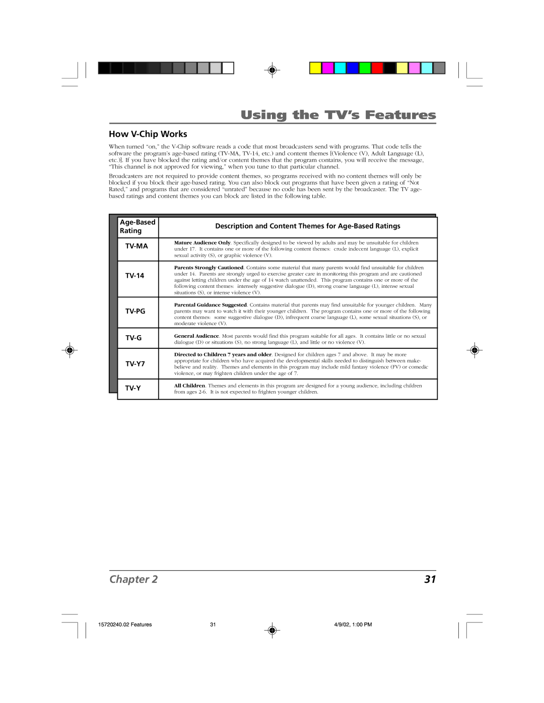 RCA F19426 manual How V-Chip Works, Description and Content Themes for Age-Based Ratings, TV-14 