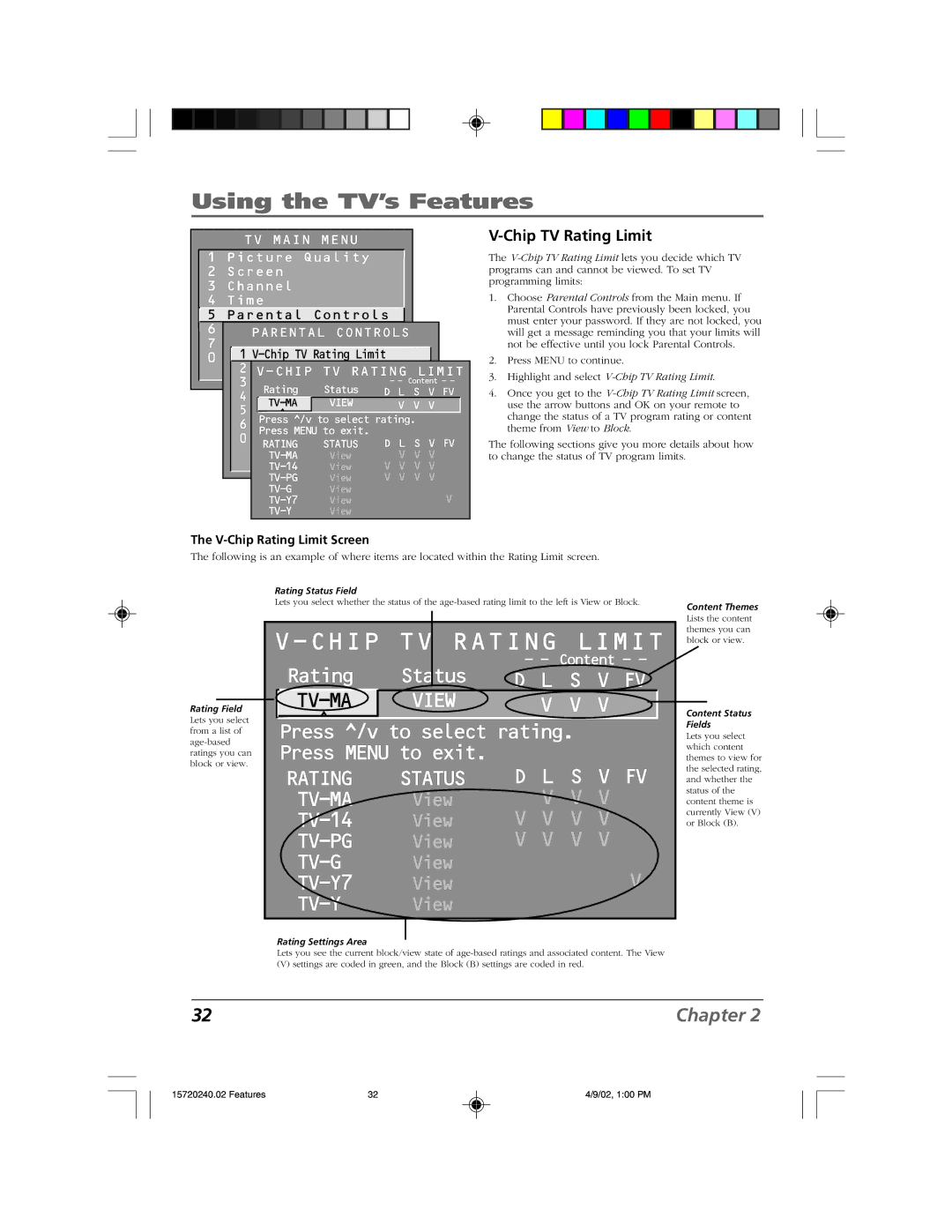 RCA F19426 manual Chip TV Rating Limit, V-Chip Rating Limit Screen 