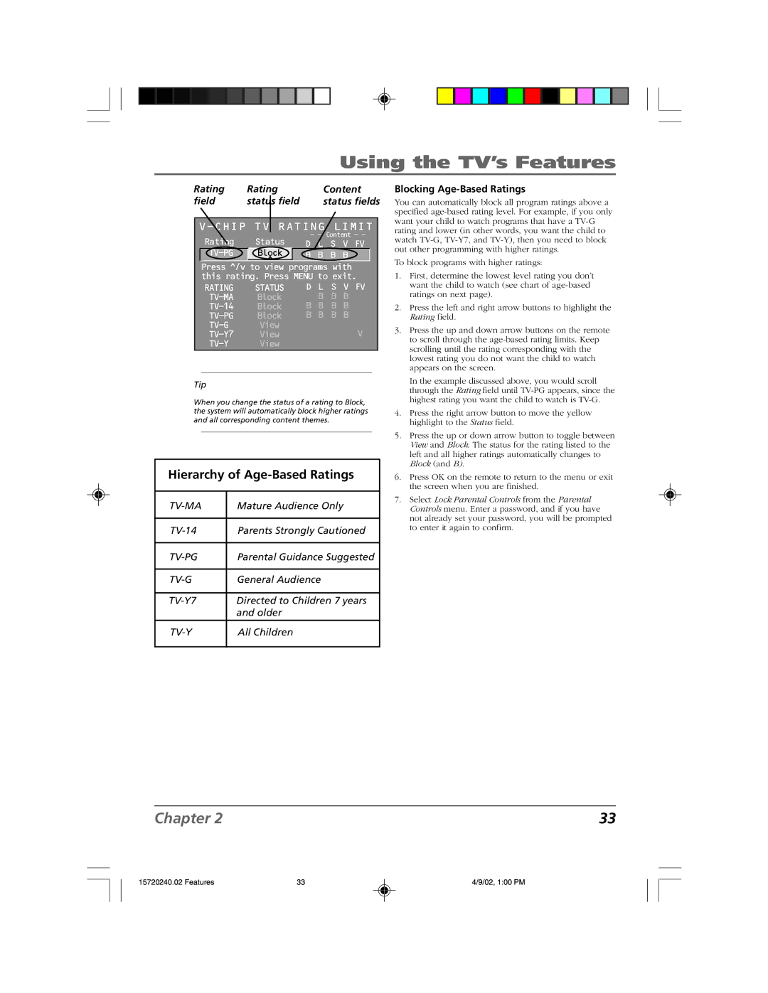 RCA F19426 manual Hierarchy of Age-Based Ratings, Rating Content Field Status field, Blocking Age-Based Ratings 