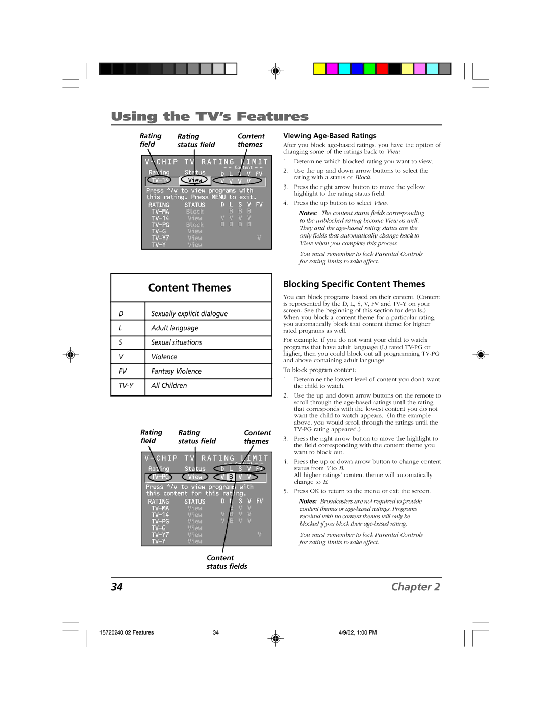 RCA F19426 manual Blocking Specific Content Themes, Field Status field Themes, Viewing Age-Based Ratings 