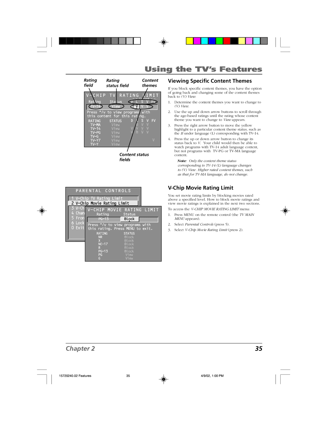 RCA F19426 manual Viewing Specific Content Themes, Chip Movie Rating Limit 