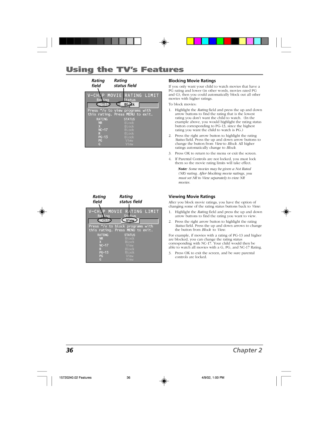 RCA F19426 manual Rating Field, Blocking Movie Ratings, Viewing Movie Ratings 