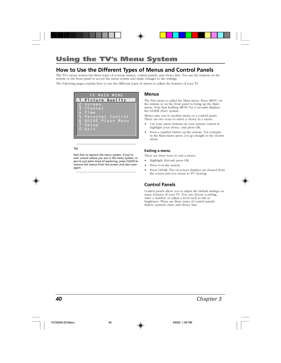 RCA F19426 manual How to Use the Different Types of Menus and Control Panels, Exiting a menu 