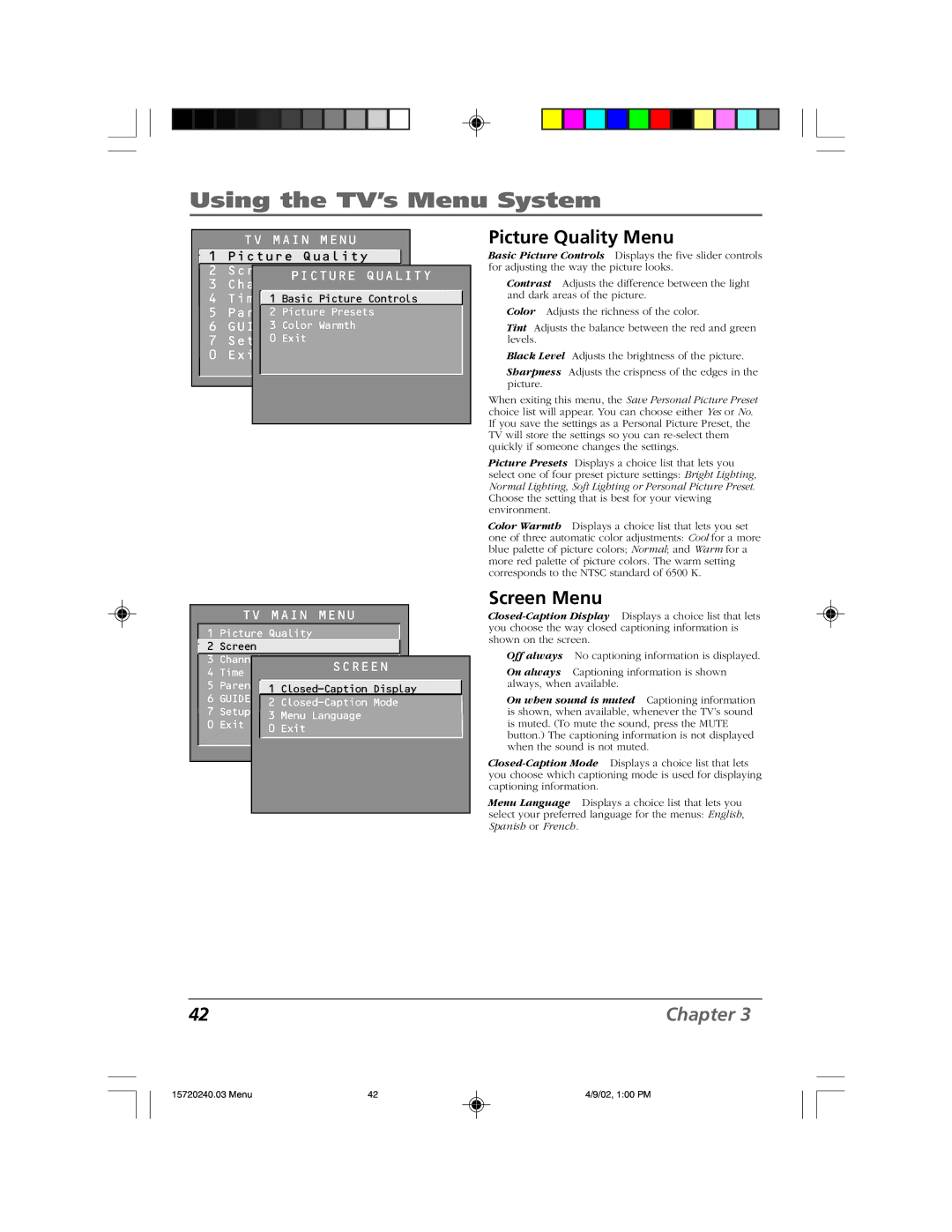 RCA F19426 manual Picture Quality Menu, Screen Menu 