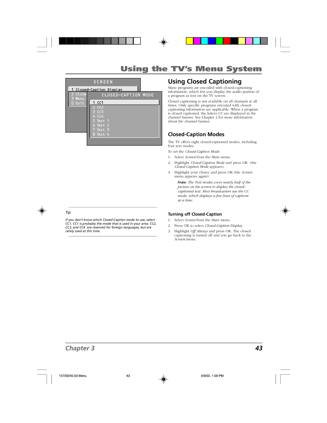 RCA F19426 manual Using Closed Captioning, Closed-Caption Modes, Turning off Closed-Caption 
